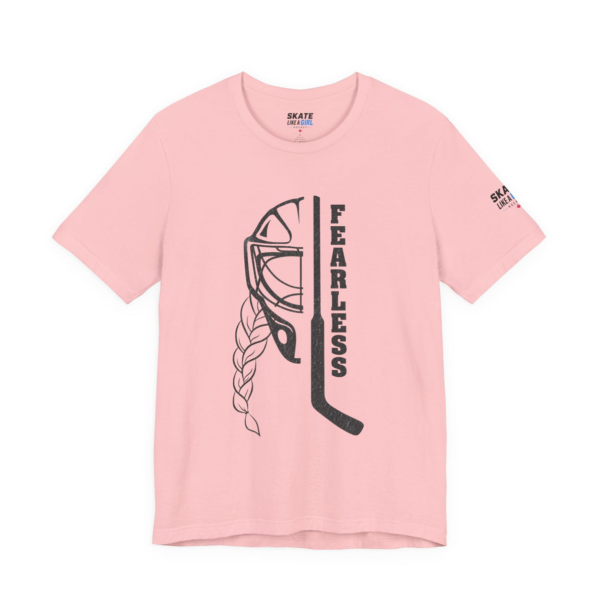 Skate Like A Girl Fearless Goalie hockey tee in Pink - front, goalie mask, braid and stick with FEARLESS graphic