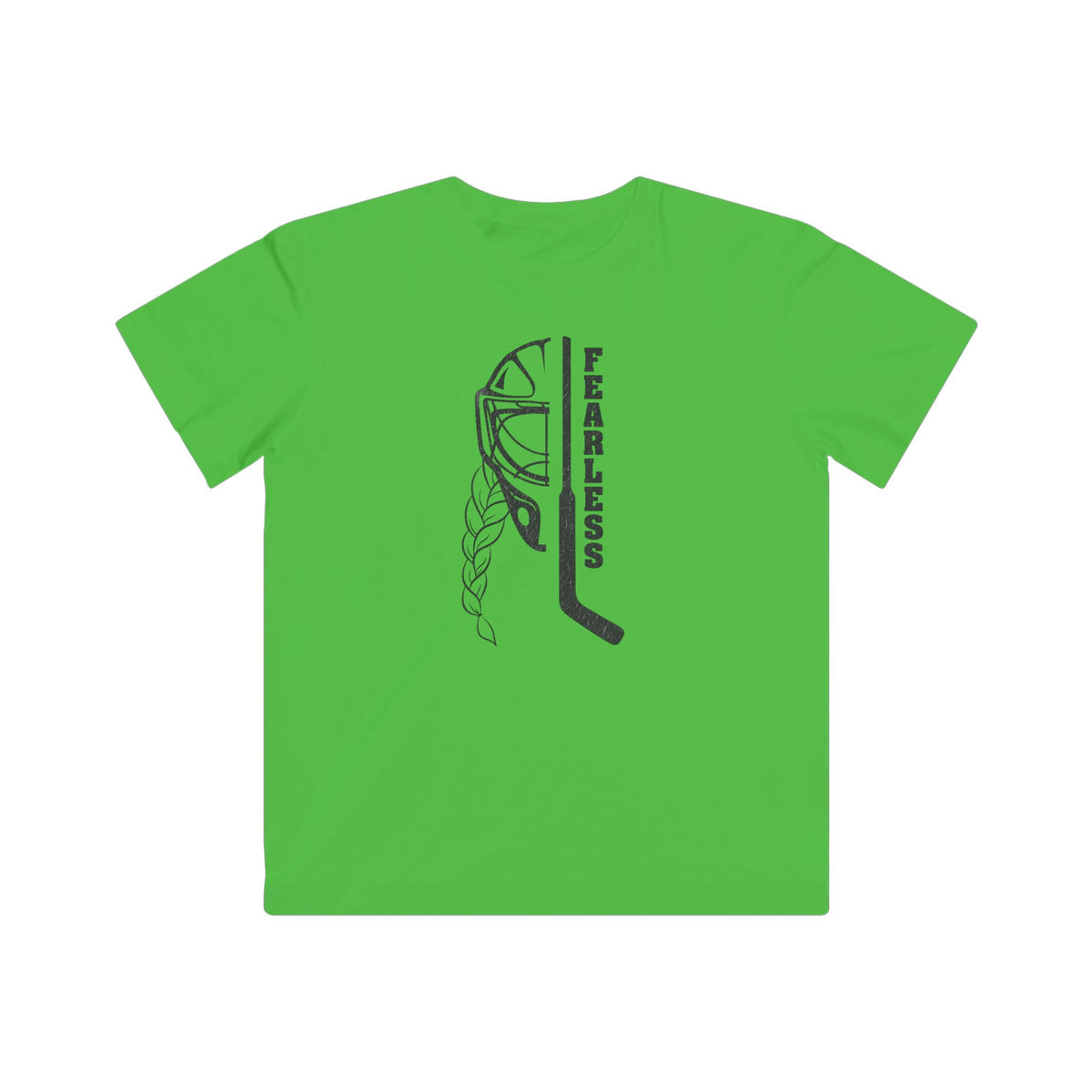 Kids Fearless Goalie Tee in Apple - front, goalie mask, braid and stick with FEARLESS graphic
