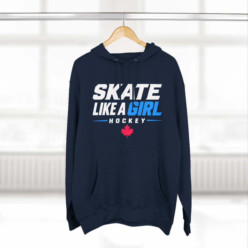 Skate Like A Girl Hockey hoodie in Navy hanging on a rack
