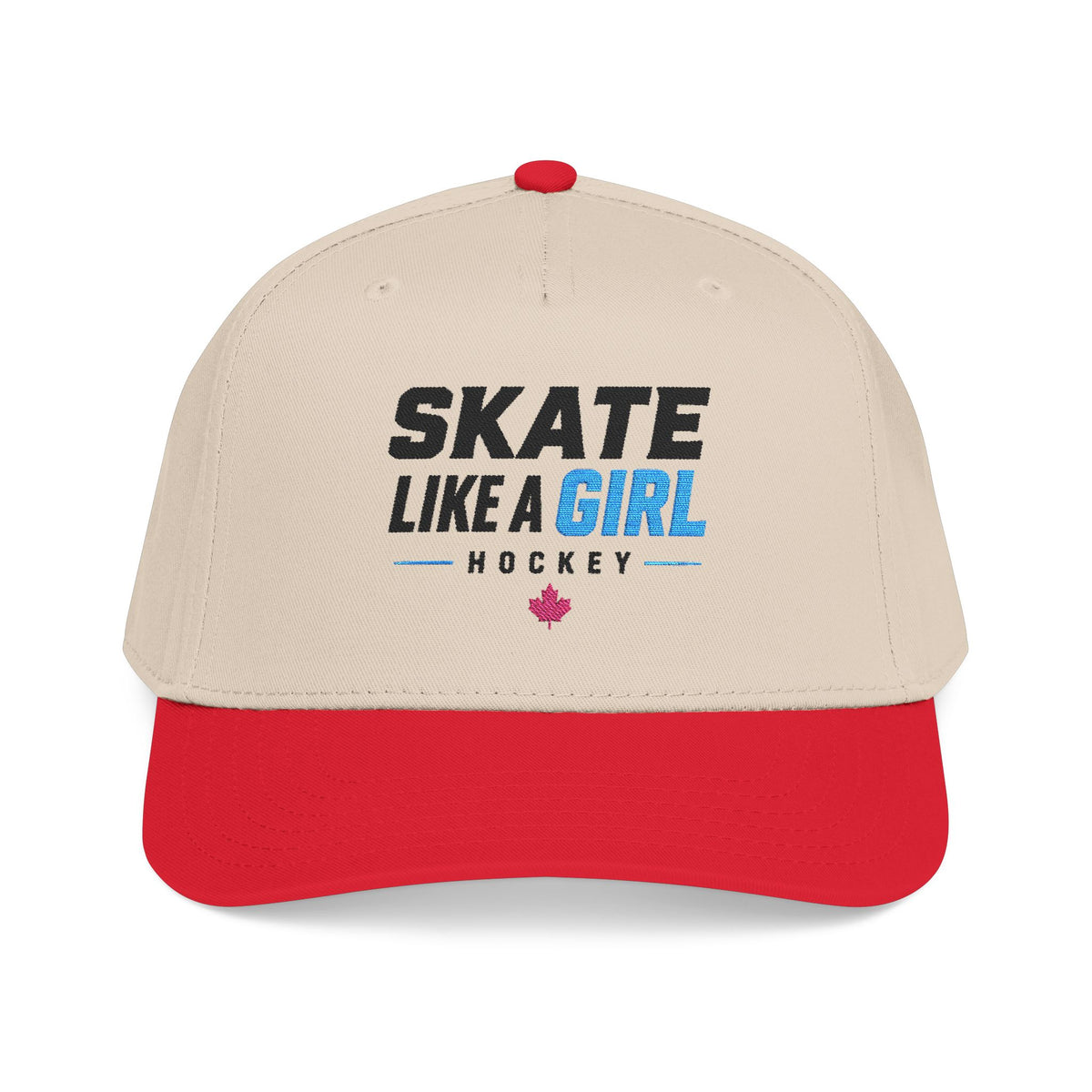 Skate Like A Girl Hockey snapback cap in Red / Natural - front, embroidered wordmark logo