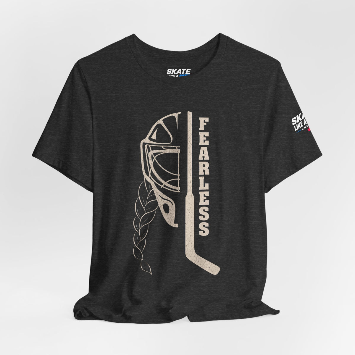 Skate Like A Girl Fearless Goalie hockey tee in Dark Grey Heather - styled