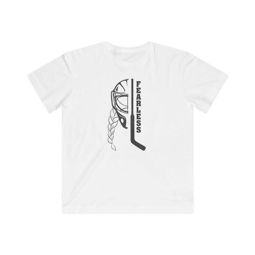 Kids Fearless Goalie Tee in White - front, goalie mask, braid and stick with FEARLESS graphic