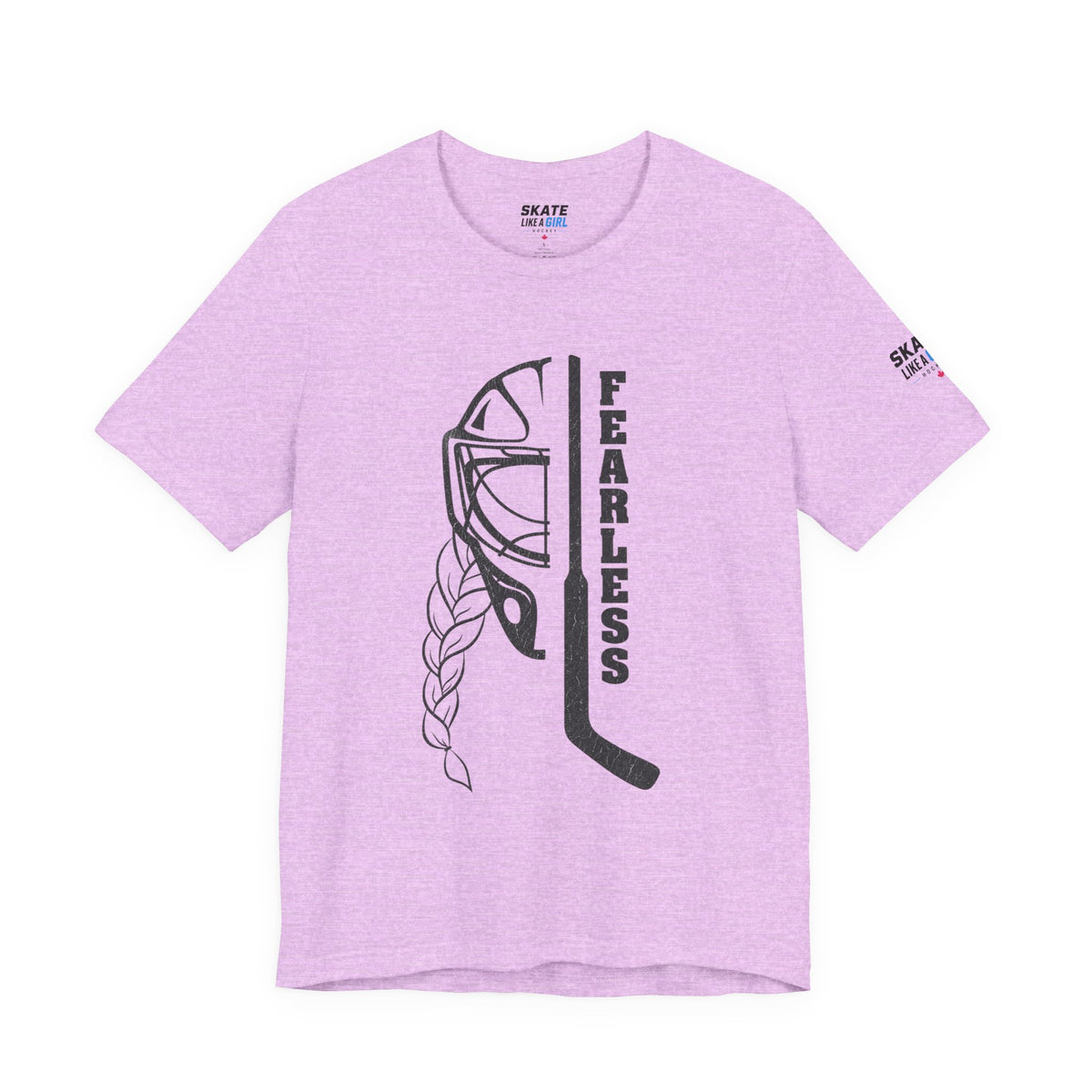 Skate Like A Girl Fearless Goalie hockey tee in Heather Prism Lilac - front, goalie mask, braid and stick with FEARLESS graphic