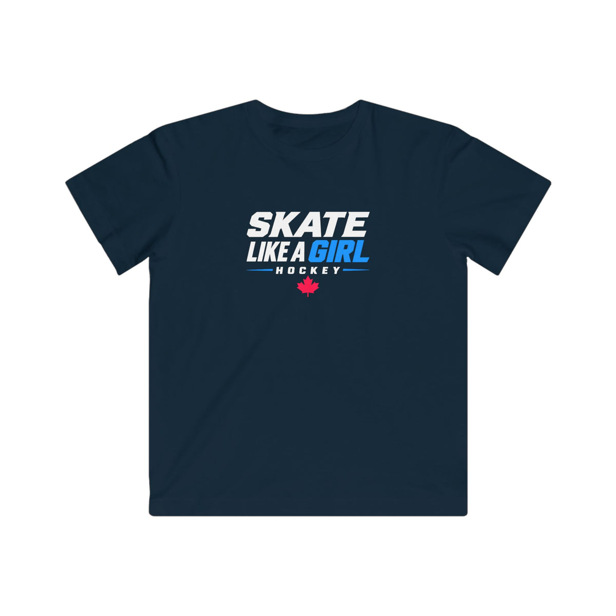 Kids Skate Like A Girl Hockey t-shirt in Navy - front, wordmark graphic
