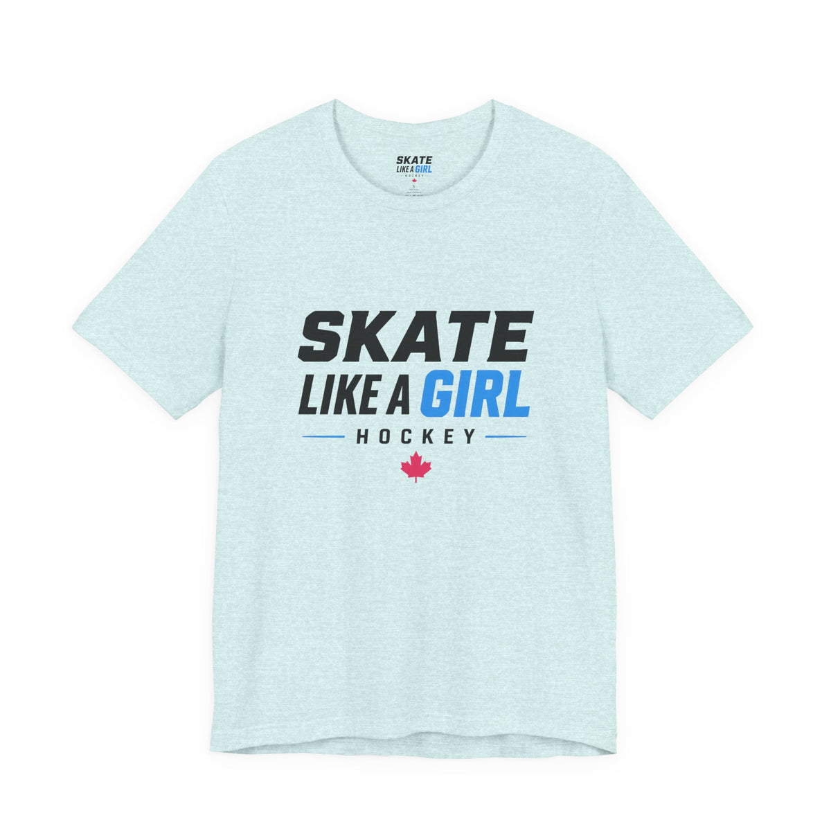 Skate Like A Girl Hockey wordmark tee in Heather Prism Ice Blue - front, full logo centered