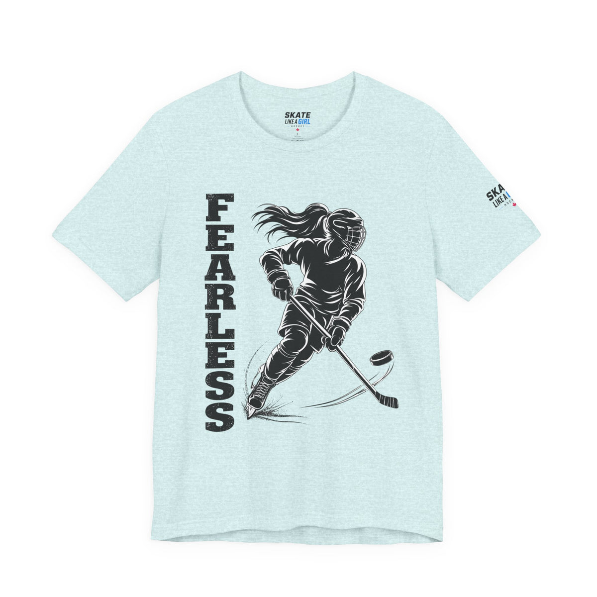 Skate Like A Girl Fearless hockey tee in Heather Prism Ice Blue - front, FEARLESS graphic on chest