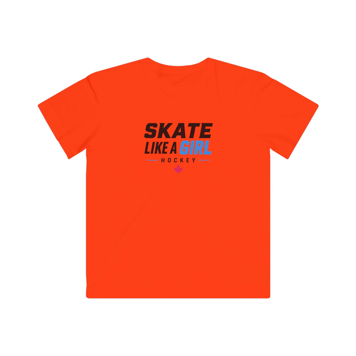 Kids Skate Like A Girl Hockey t-shirt in Orange - front, wordmark graphic