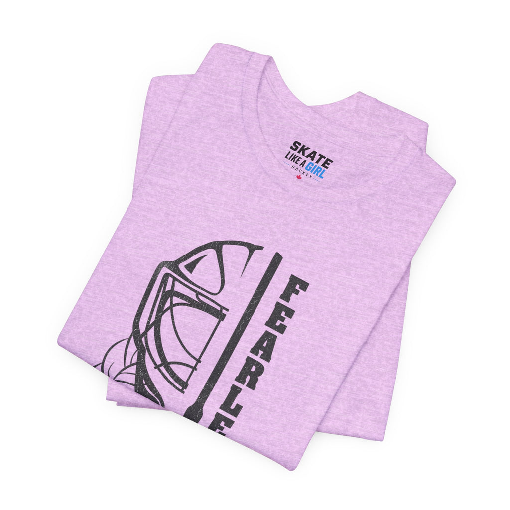 Skate Like A Girl Fearless Goalie hockey tee in Heather Prism Lilac - folded