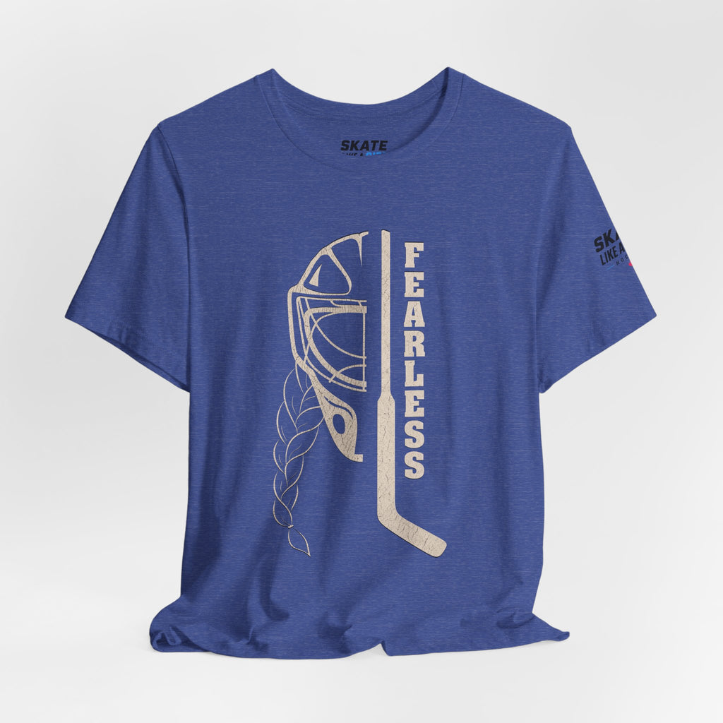Skate Like A Girl Fearless Goalie hockey tee in Heather True Royal - styled
