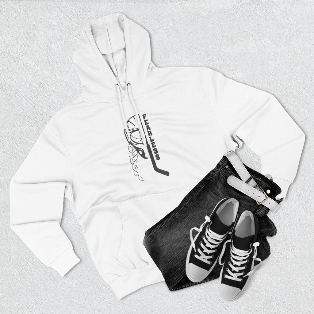 Fearless goalie hockey hoodie in White - styled flat lay with jeans