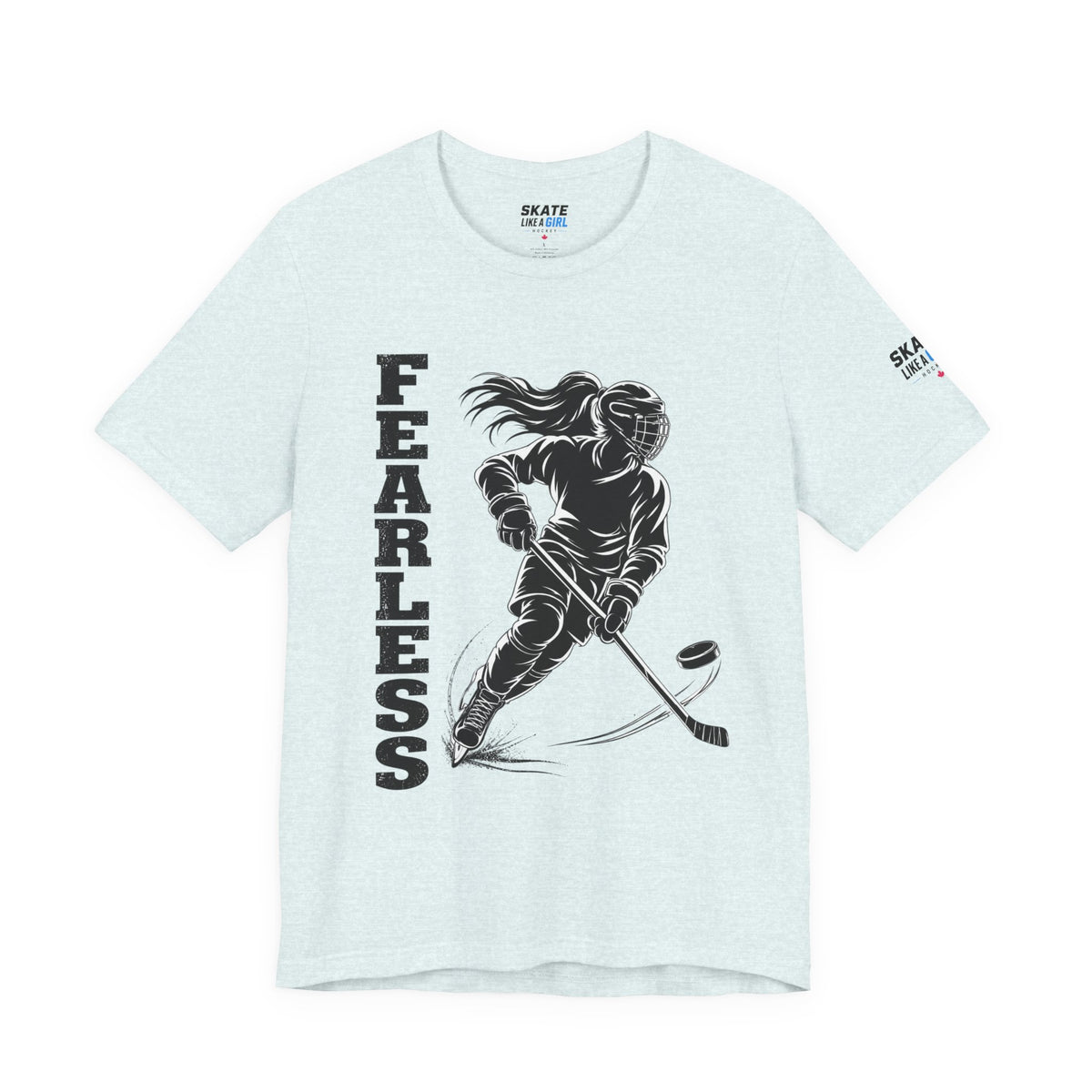 Skate Like A Girl Fearless hockey tee in Heather Ice Blue - front, FEARLESS graphic on chest