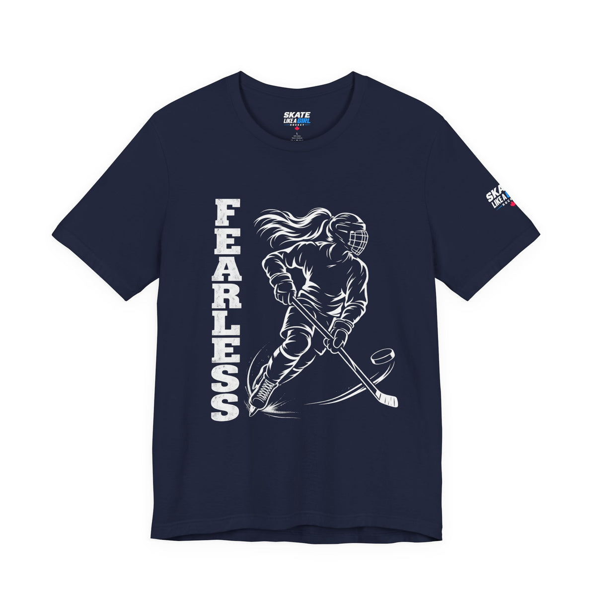 Skate Like A Girl Fearless hockey tee in Navy - front, FEARLESS graphic on chest