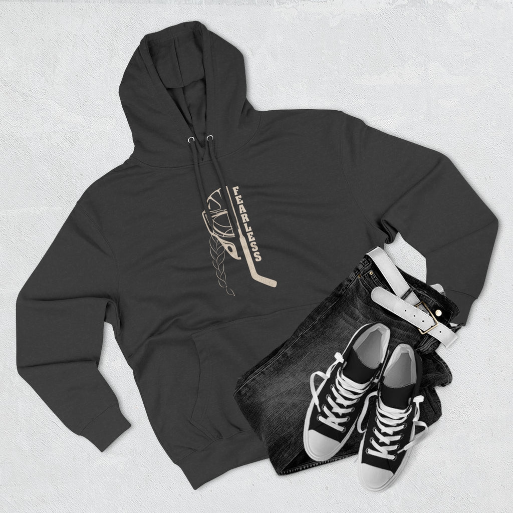 Fearless goalie hockey hoodie in Black - styled flat lay with jeans
