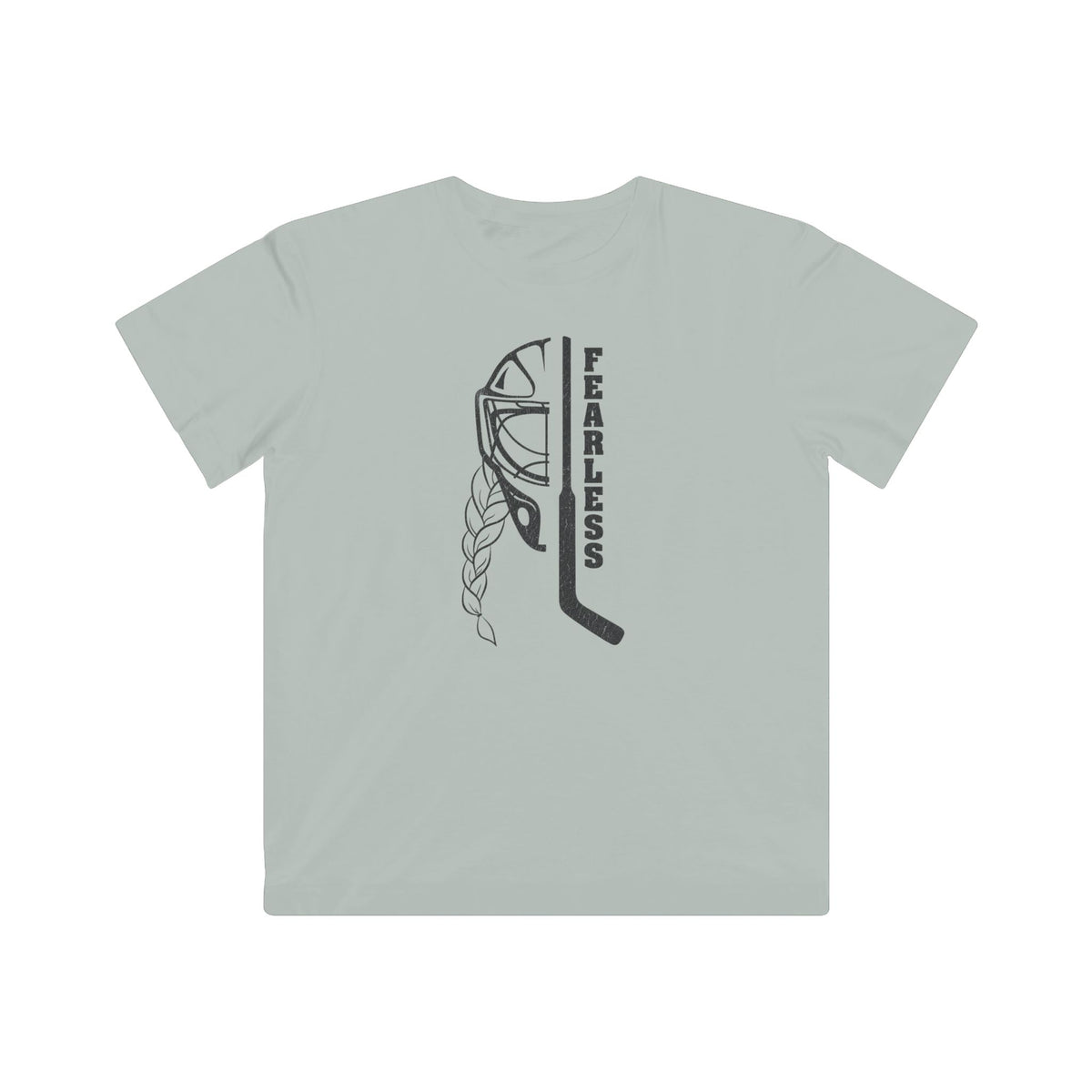 Kids Fearless Goalie Tee in Silver - front, goalie mask, braid and stick with FEARLESS graphic