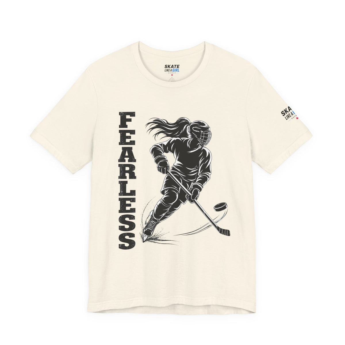 Skate Like A Girl Fearless hockey tee in Natural - front, FEARLESS graphic on chest