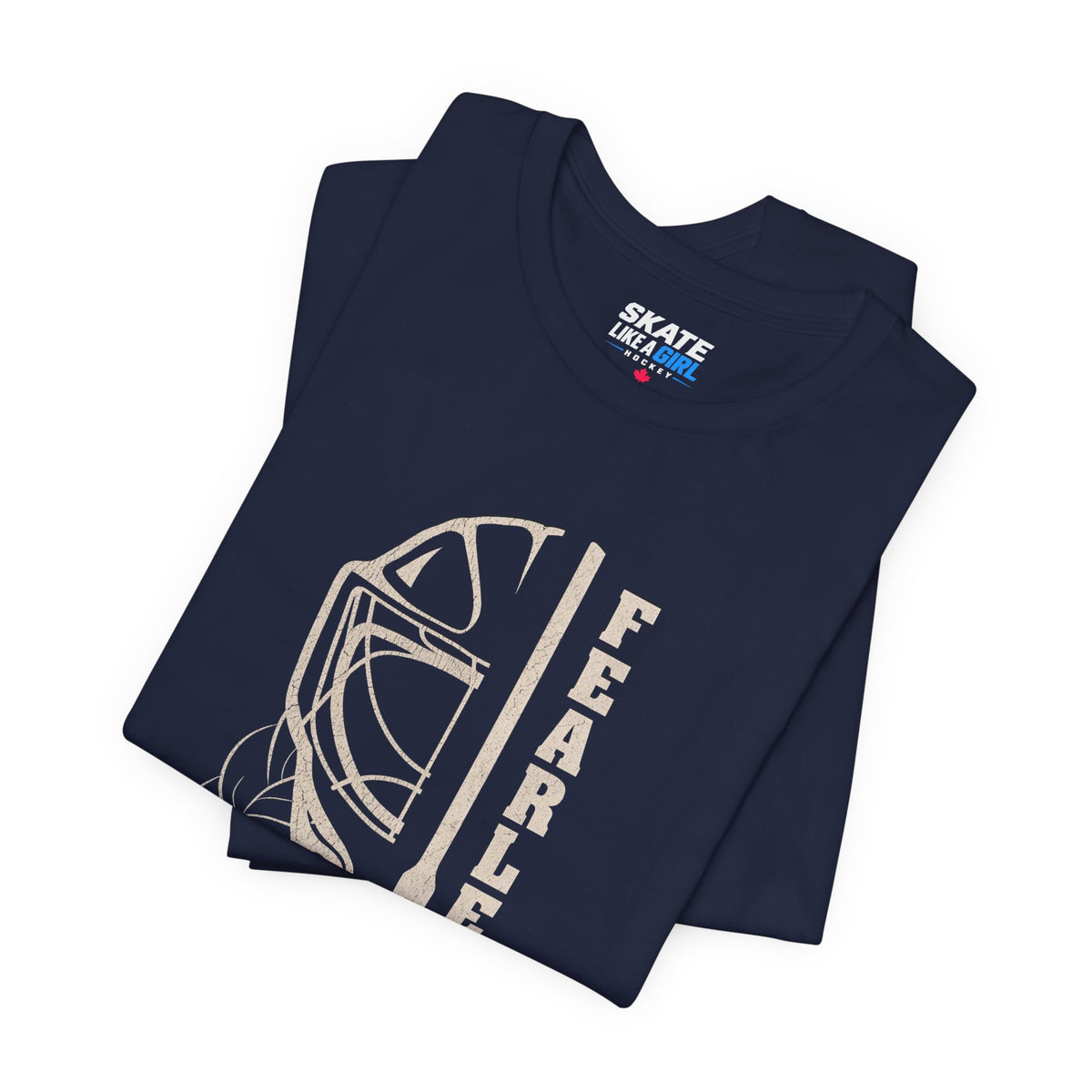 Skate Like A Girl Fearless Goalie hockey tee in Navy - folded